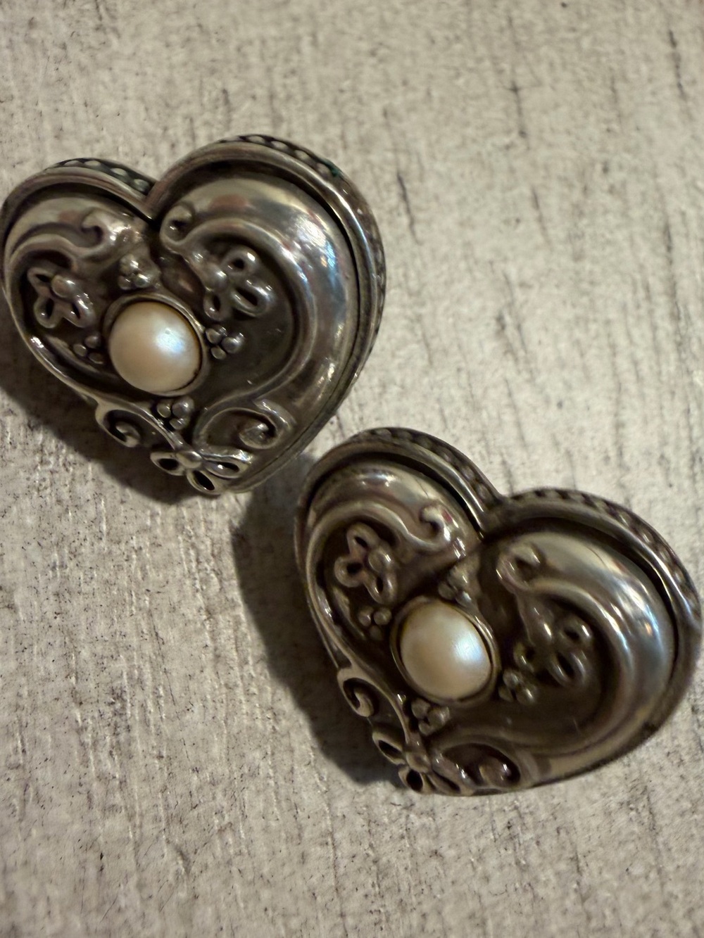 Brighton Silver Heart Brooches with Pearl Accents - Silver & Cream